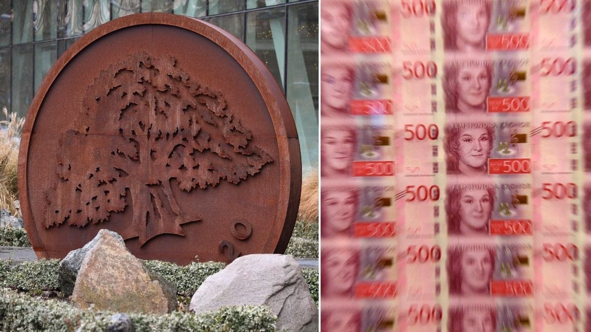 Bilder på sedlar och Swedbank-mynt vid deras entré.