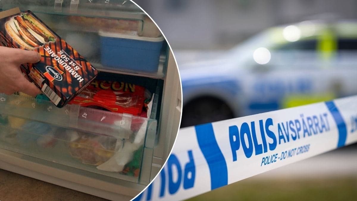 Bilder på en frysbox och en polisavspärrning.