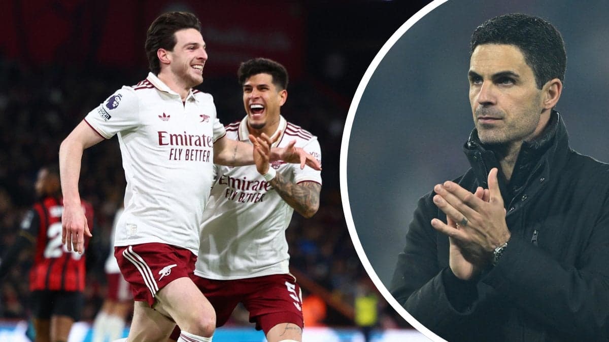 Declan Rice, Piero Hincapie och Mikel Arteta.