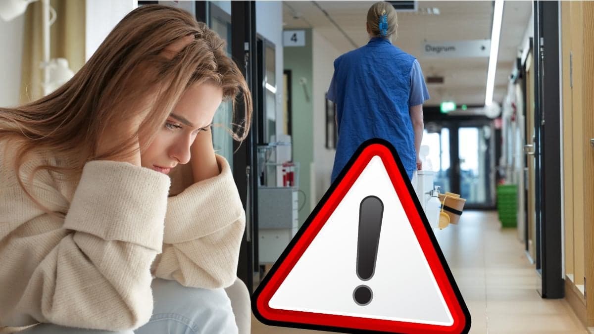 Upprörd kvinna och en kvinna som går i en korridor samt en varningstriangel.