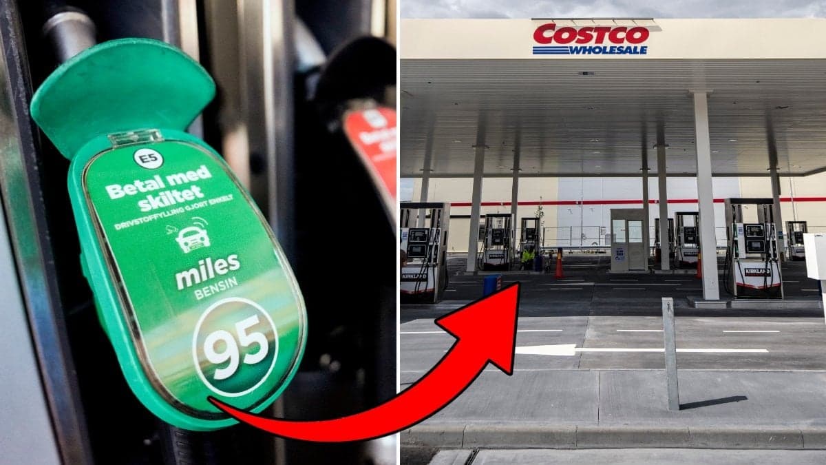 Bild på Costcos bensinstation och en bensinpump.