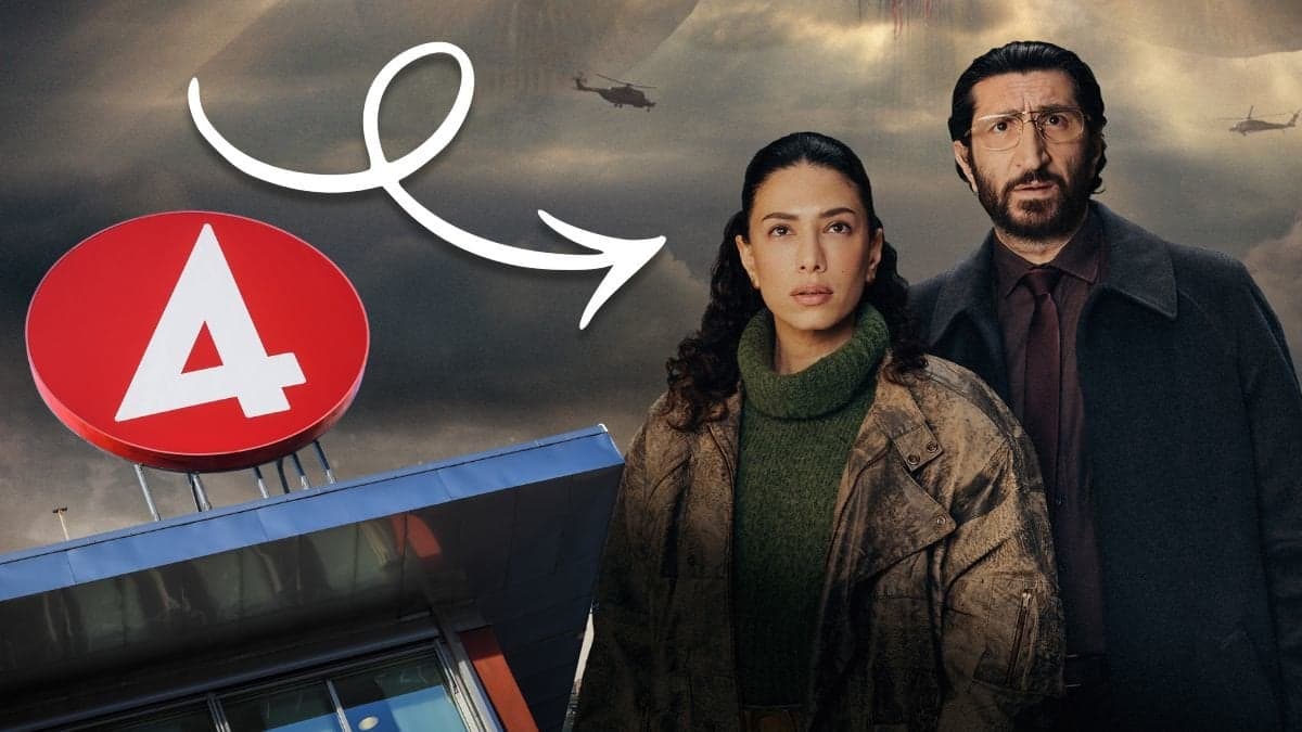 TV4:s skylt på byggnad och Evin Ahmad och Fares Fares i Vi kommer i fred.