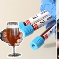 Öl till vänster. Peth-test i mitten. Plånbok med körkort till höger.