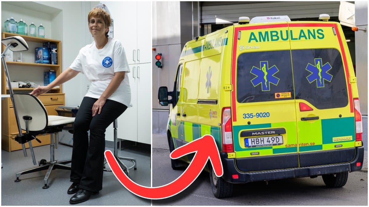 Vårdpersonal och en ambulans.