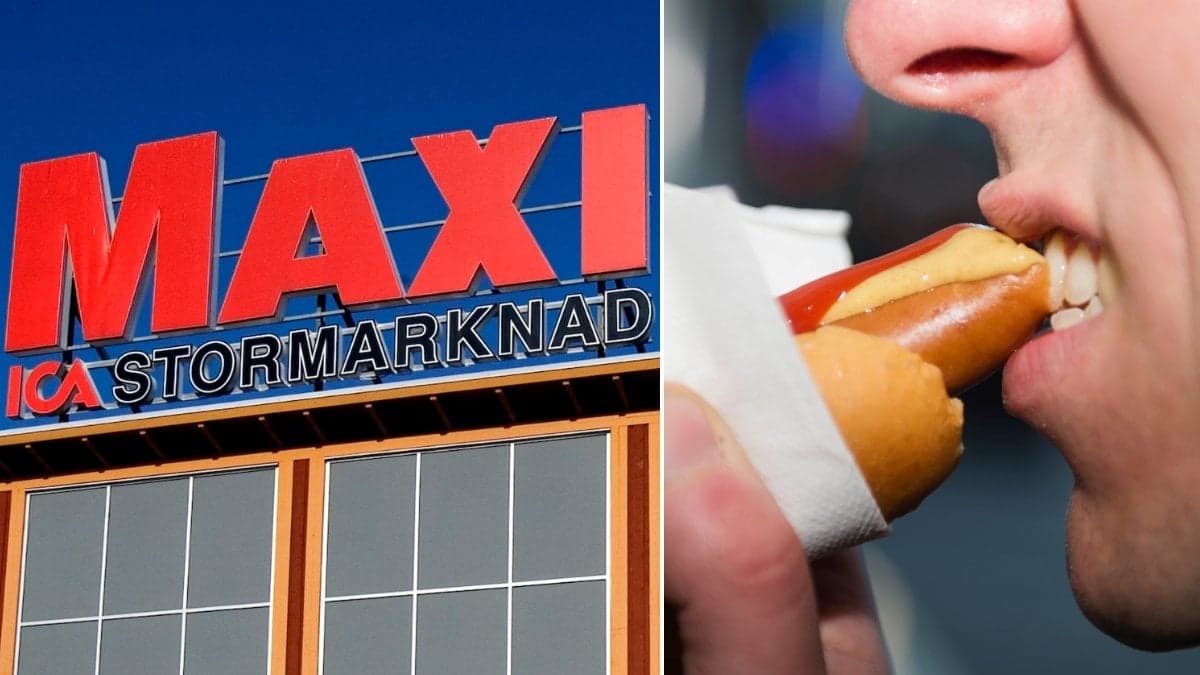Bild på Ica-skylt och en man som äter korv.