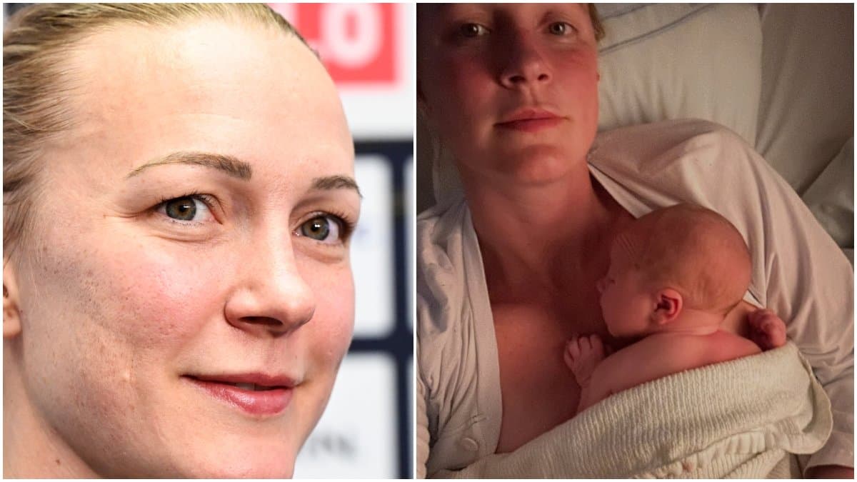 Sarah Sjöström och Sarah Sjöström med sin nyfödda son Adrian.