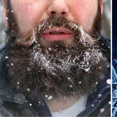 Gubbe som har is och frost i skägget. Frost.