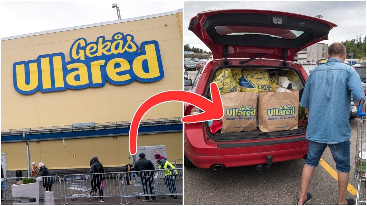 Gekås Ullared och en man som packar bilen med Gekås-påsar.