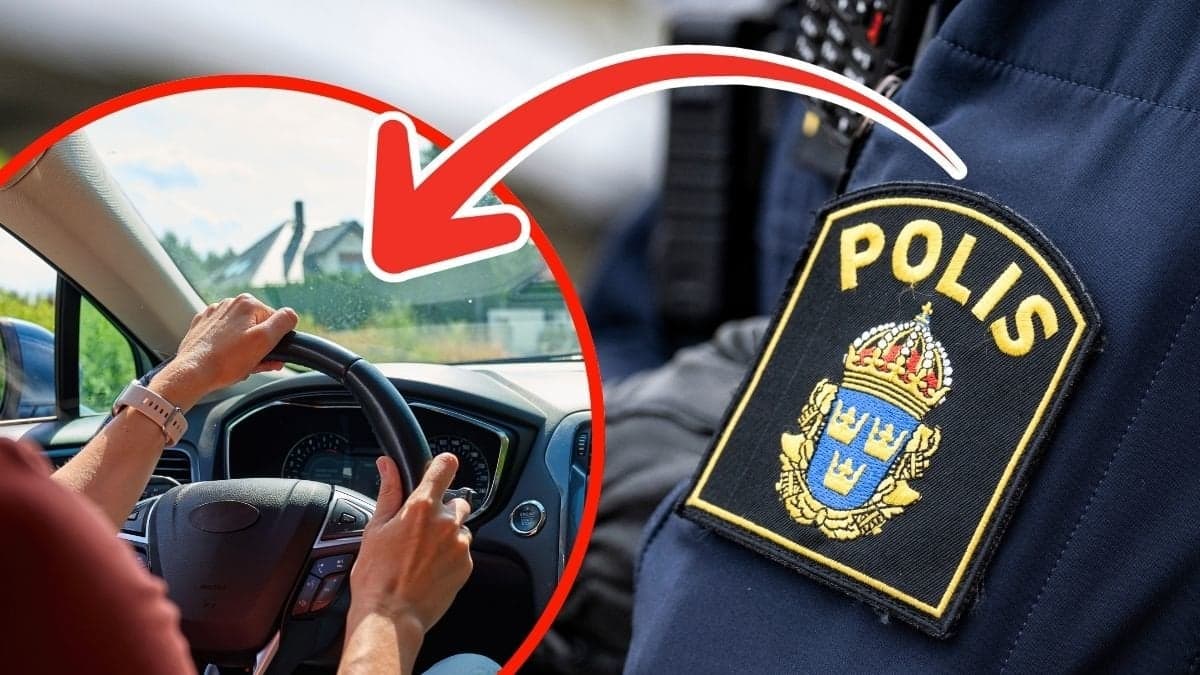 Händer på en bilratt och polisens logotyp på en unifrom