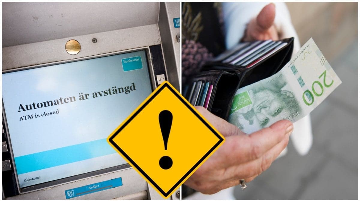En stängd bankomat och en äldre kvinna som håller i en plånbok med en tvåhundralapp.