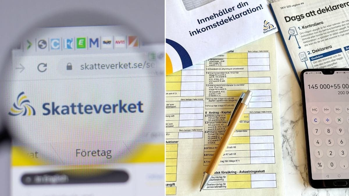 Skatteverkets hemsida och deklarationsblankett med en mobil med miniräknaren igång.