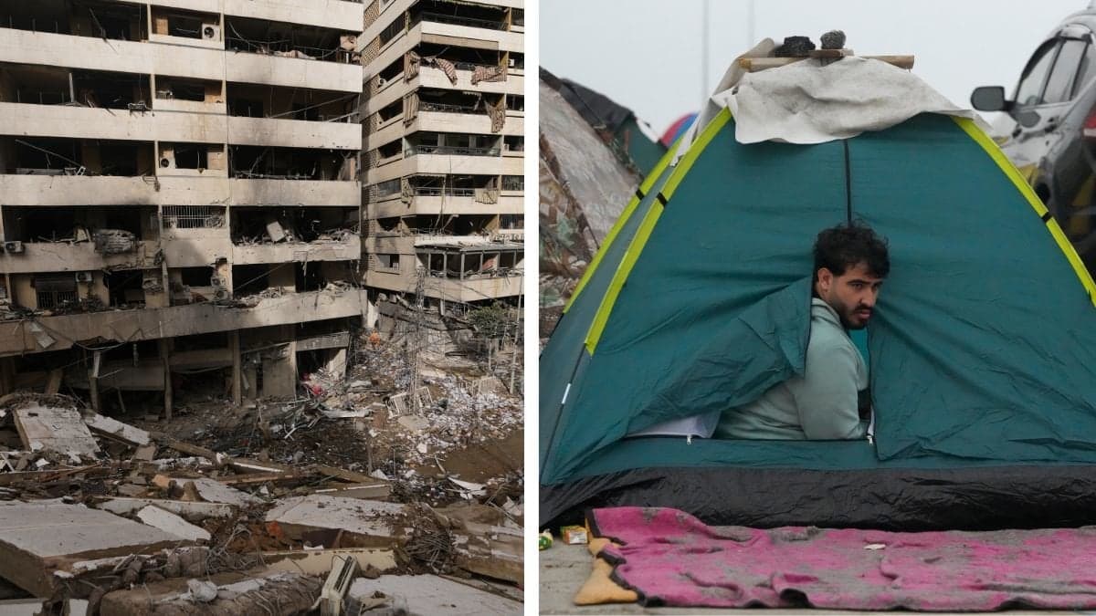 Attackerat lägenhetshus Beirut vänster. Man i tält i Libanon höger.