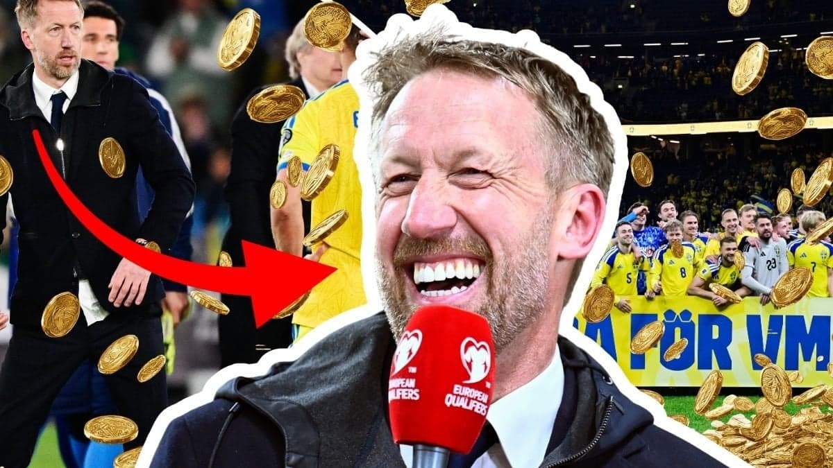 Graham Potter på plan vänster. Svenska Herrlandslaget höger. Närbild på Graham Potter utklippt i mitten. Regnande mynt i bakgrunden.