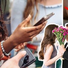 Person håller telefon till vänster, par som pussas i mitten. Händer som håller varandra till höger, ett rött kryss över handhållandet.