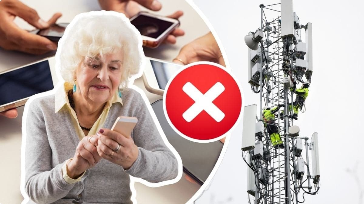 Mobiltelefoner, äldre kvinna med mobiltelefon och en 5G-mast