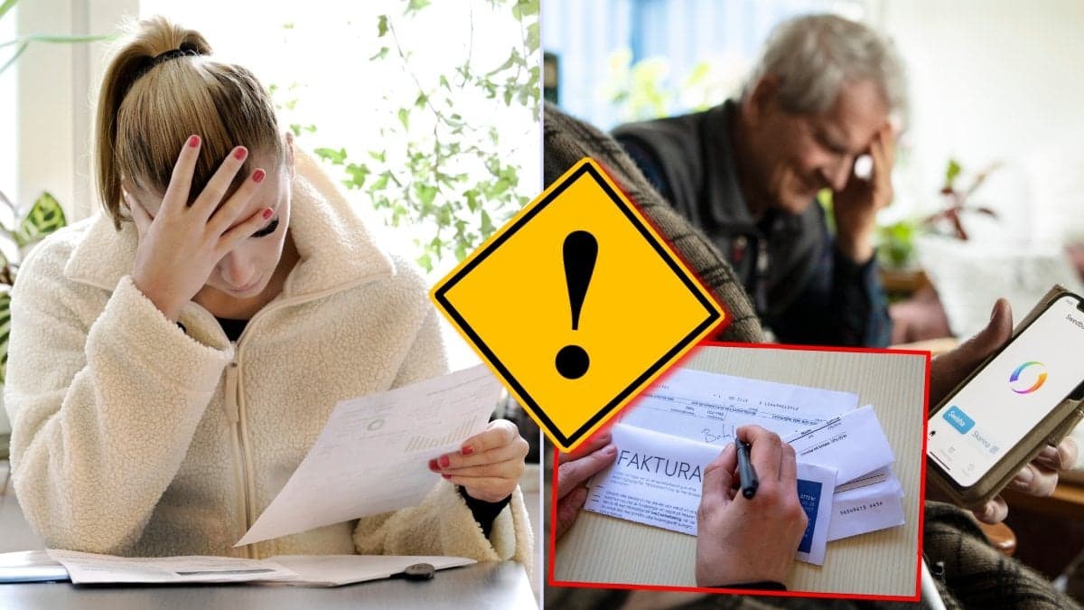 Kvinna med faktura, orolig man och en betald faktura.