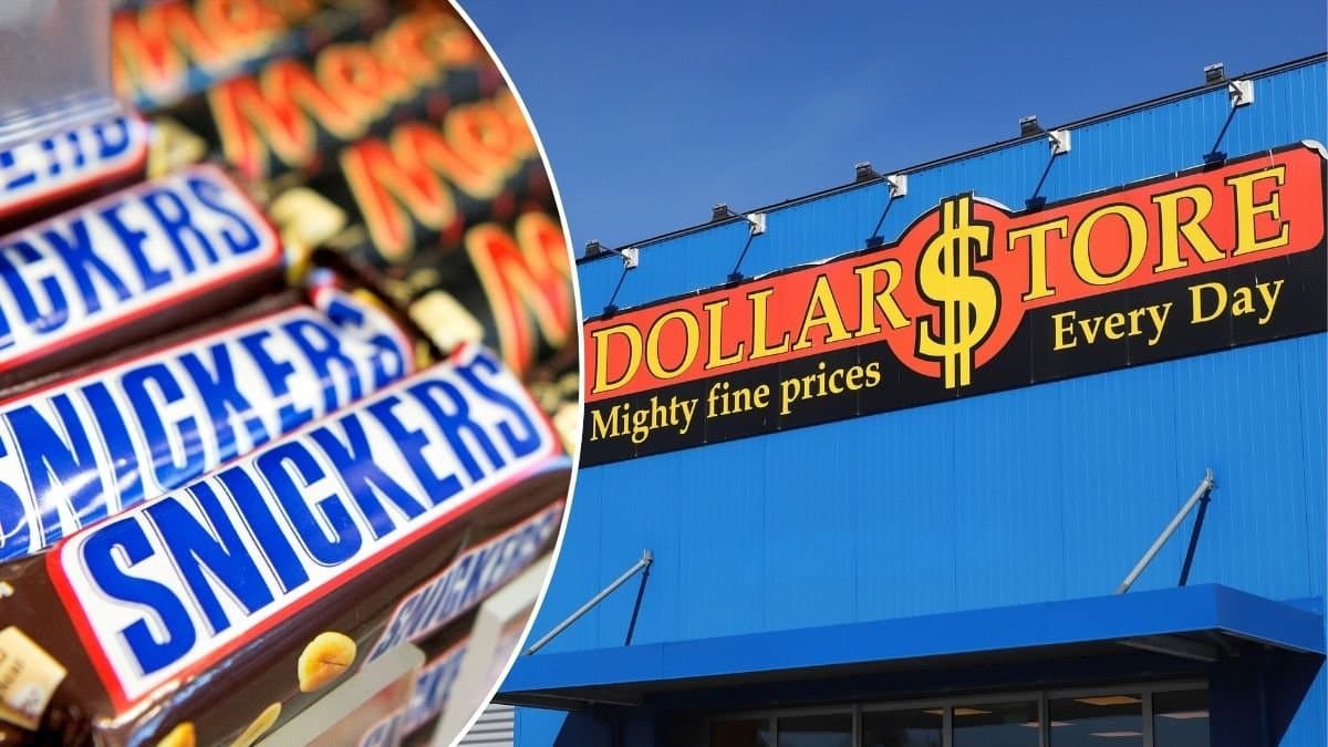 Bilder på Snickers-choklad och Dollarstores entré.