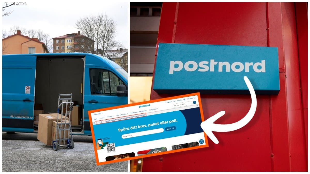 En Postnord-bil som levererar paket och Postnords skylt på en fasad