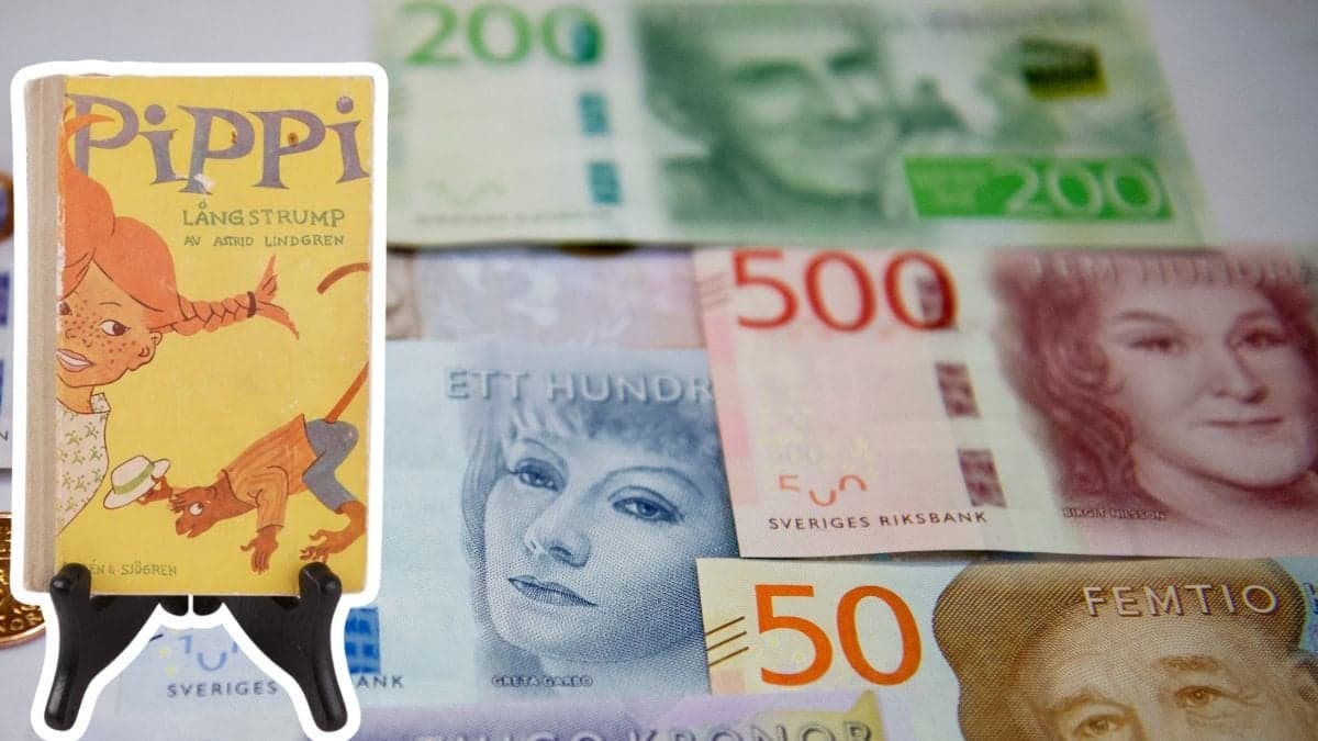 Första utgåvan av boken Pippi Långstrump från 1945. I bakgrunden ligger sedlar i olika valörer.