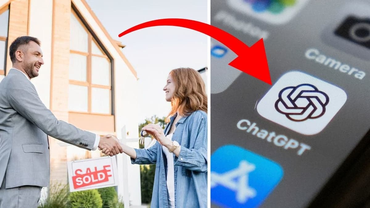 Två personer skakar hand framför ett hus och en såld-skylt vänster. Appikon för ChatGPT till höger.