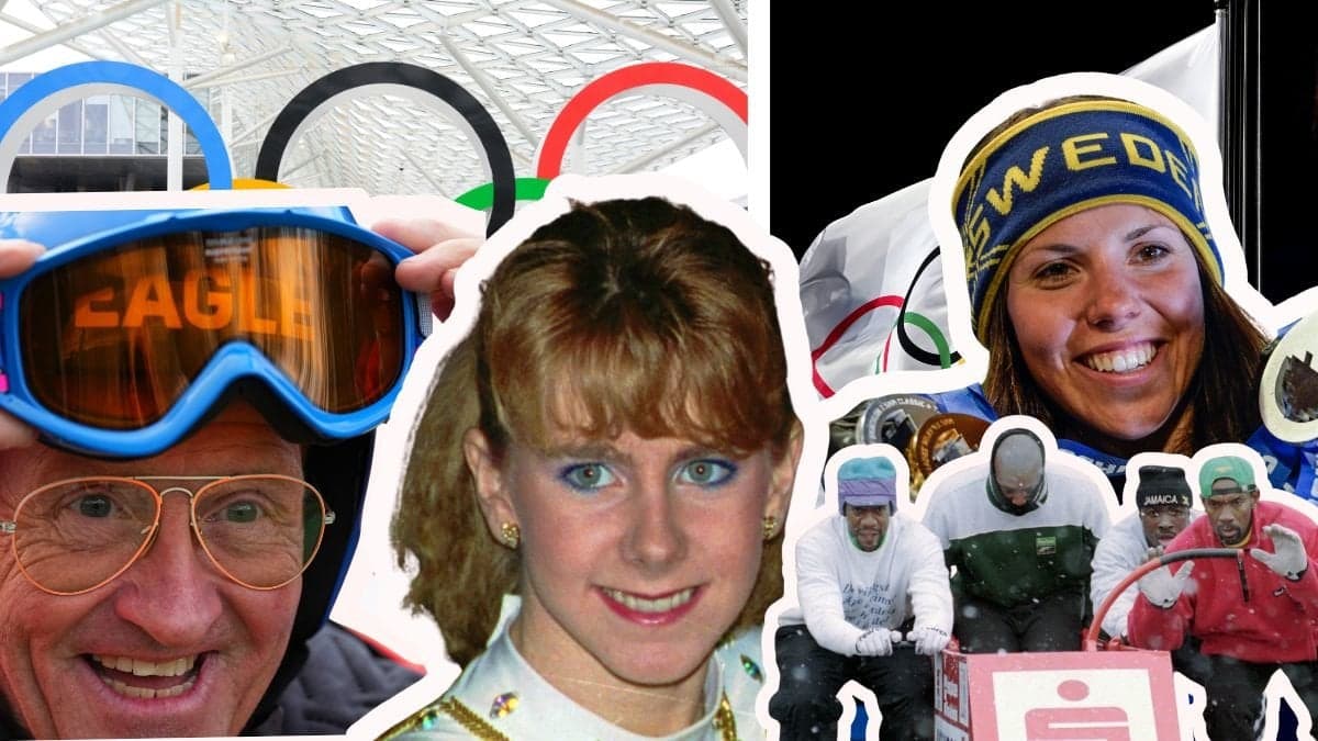 OS ringarna i bakgrunden. Utklippta bilder av Eddie The Eagle, Tonya Harding, Jamaikas boblandslag 1988 och Charlotte Kalla över bakgrunden.