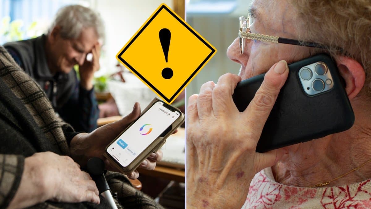 Man utsatt för bedrägeri, kvinna med mobiltelefon.