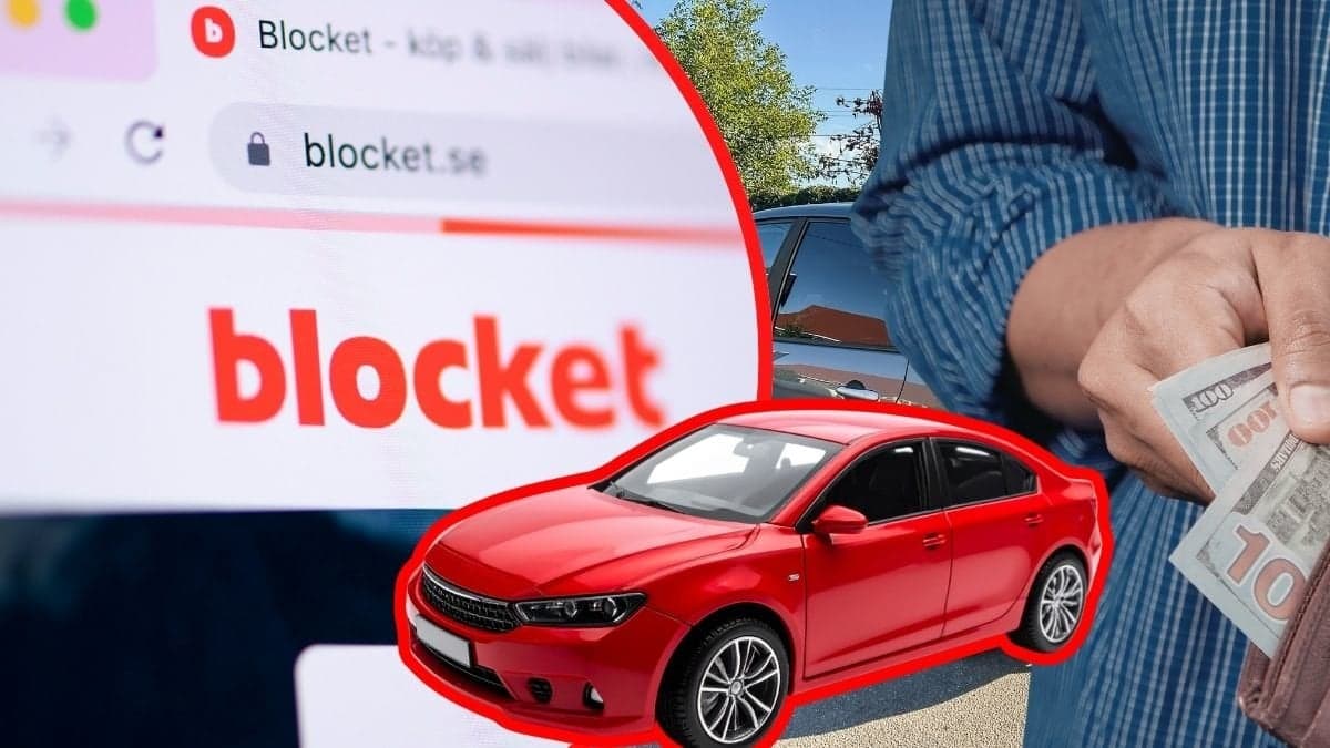 Blocket hemsidan vänster. En bil höger. Utklipp bild på en man med kontanter i handen höger. En utklippt bild på en röd bil i miiten.