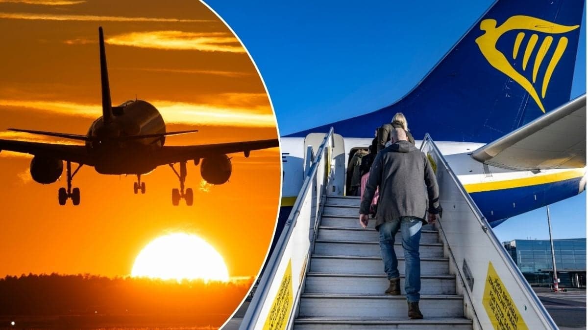 Bild på en flygplanstrappa och ett flygplan som lyfter.