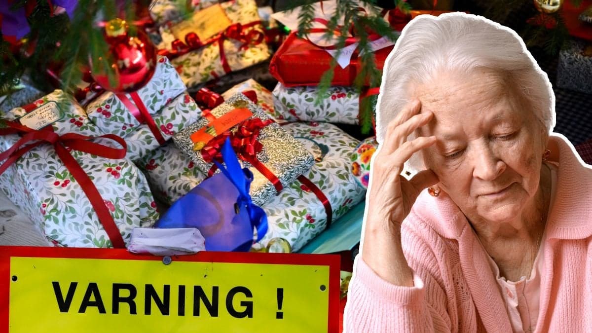 Julklappar, kvinna och en varningsskylt.