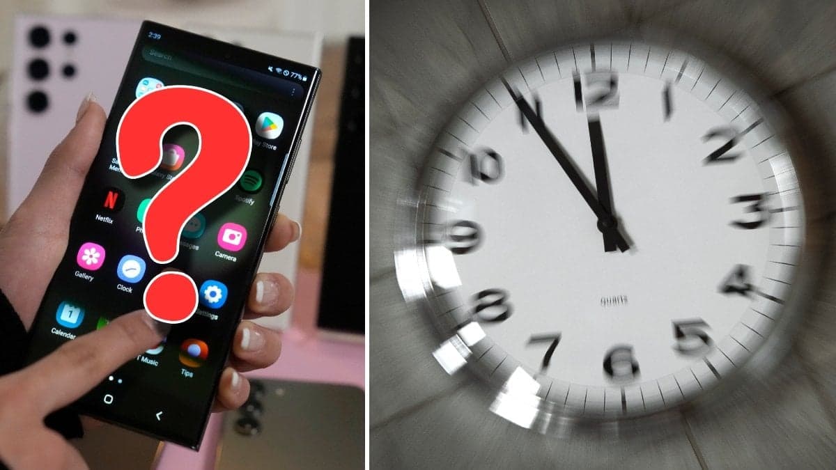 En Samsung-mobiltelefon och en väggklocka.
