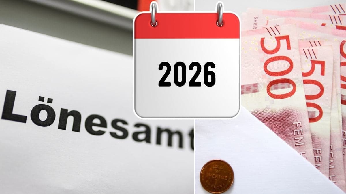 Lönesamtal-skylt, pengar i ett kuvert samt en kalender med år 2026 på.