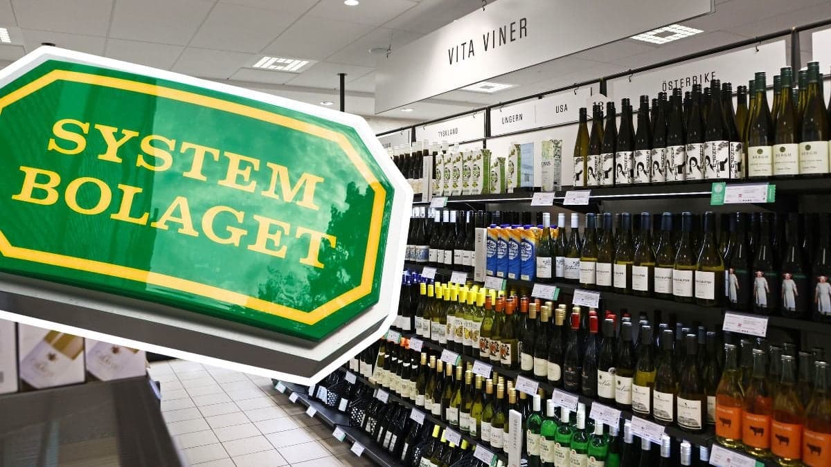 Systembolaget-skylt och dryck inne på Systembolaget