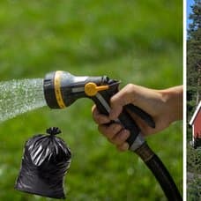 Vattenslang med vatten, en plastpåse och ett svenskt hus med sverige flagga.