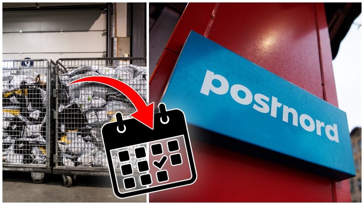 Paket som skickas som brev på Arlanda och Postnords skylt på en fasad