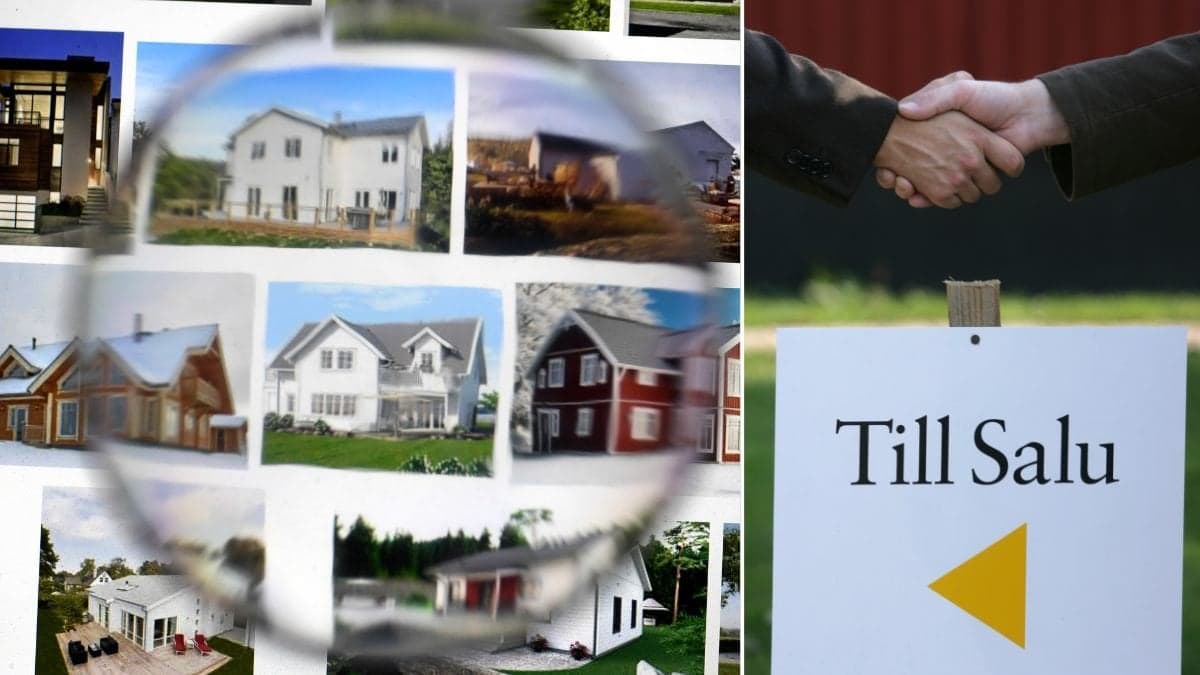 Bostäder, till salu-skylt och två personer som skakar hand.