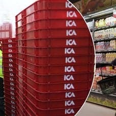 Bilder på kundkorgar och en kvinna som handlar.