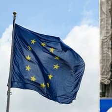 EU-flagga och belgisk polis.