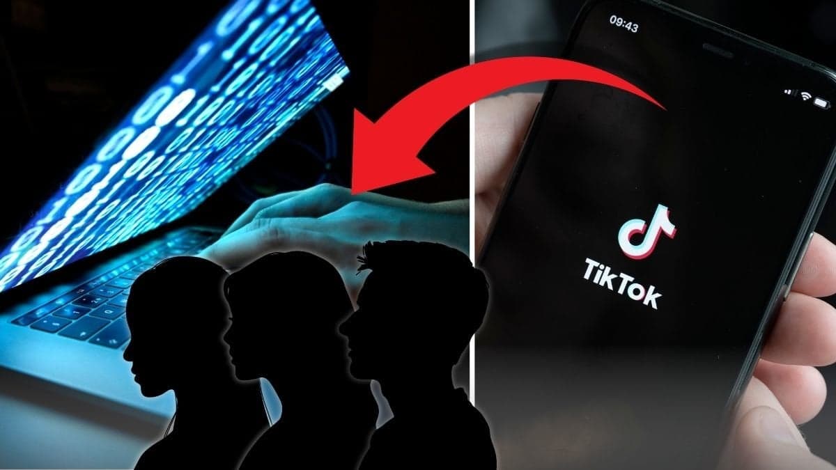 Bild på datorskärm till höger. Bild på mobilskärm med TikTok uppe. En röd pil pekar från mobilskärmen till tre siluetter som är över datorskärmen. 