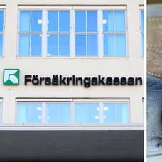 Försäkringskassan-skylt vänster. Svenska kontanter och mynt höger.