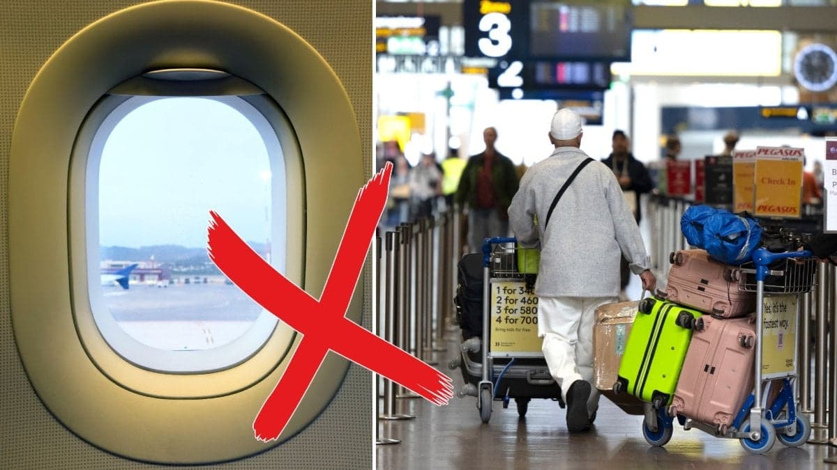 Ett flygplansfönster och en man med flera stora resväskor på Arlanda. 