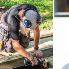 Snickare vänster. Person som jobbar på kontor vid en dator med ett hörlurs-headset på sig, höger.