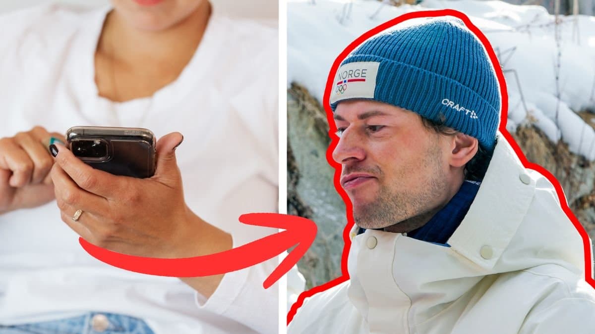 Hand håller mobil vänster. Sturla Holm Lægreid​ till höger.