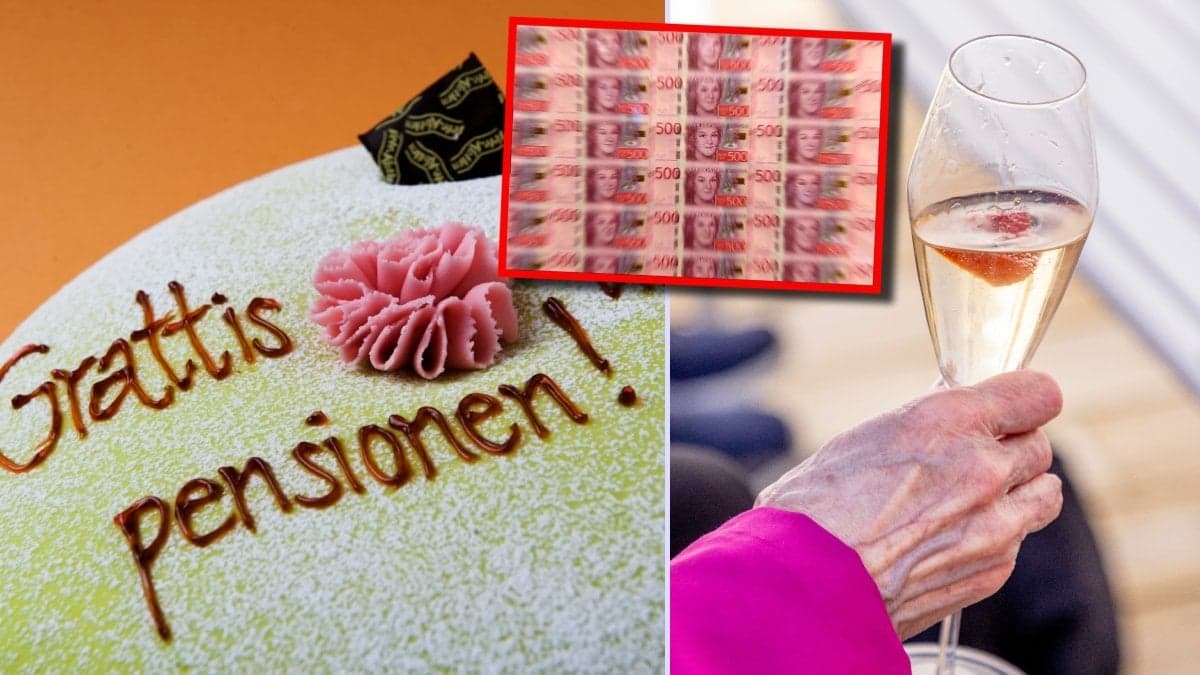Grattis till pensionen-tårta, pengar och hand med glas.