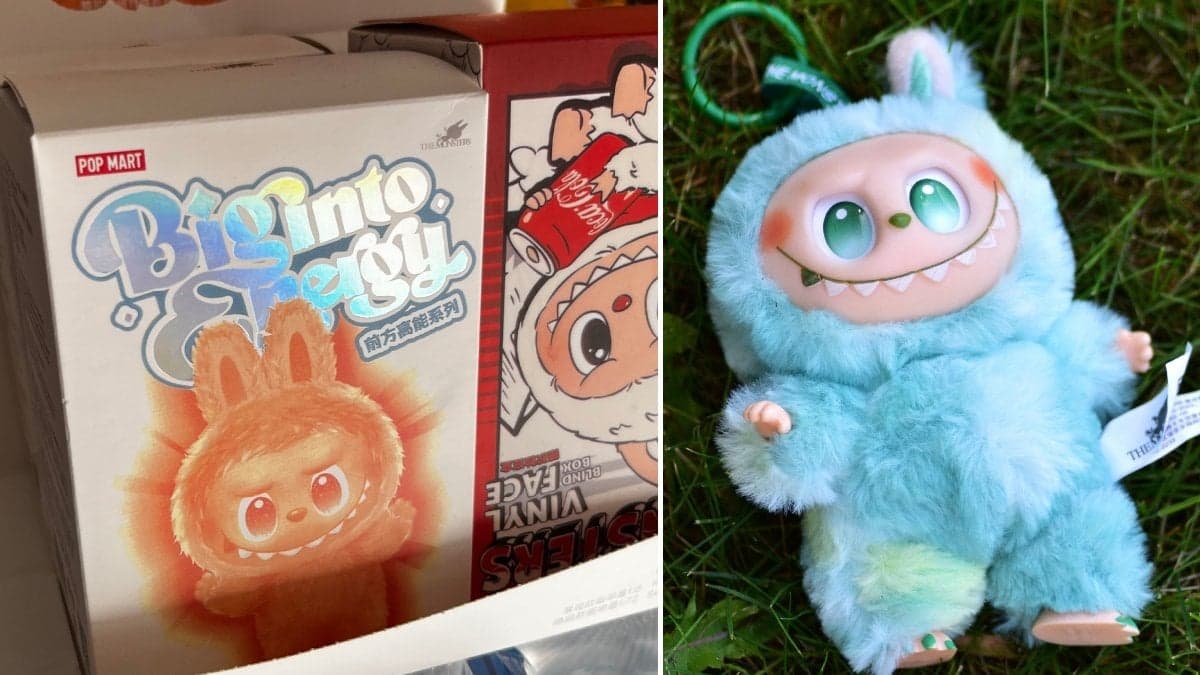 Bilder på en Labubu och en Labubu-kartong.