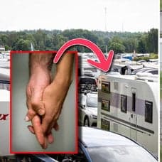 Två personer som håller varandra i händerna, en camping full av husbilar och en skylt med texten Camping på.