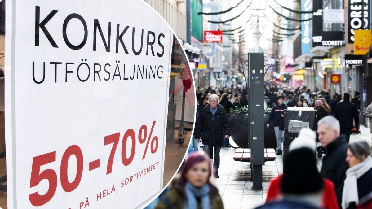 Bild på en shoppinggata och en konkurs-skylt.