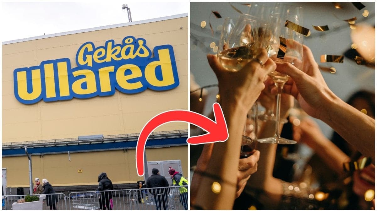 Gekås Ullareds ingång och en bild på flera som skålar i champagne.