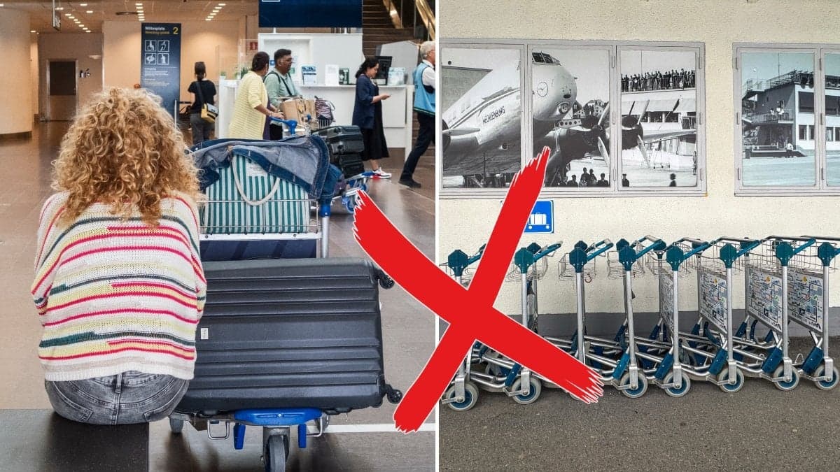 En kvinna med resväska på Arlanda och vagnar på Bromma flygplats.