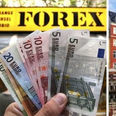 Valuta pengar och forex, samt danmarks stad med en dansk flagga.