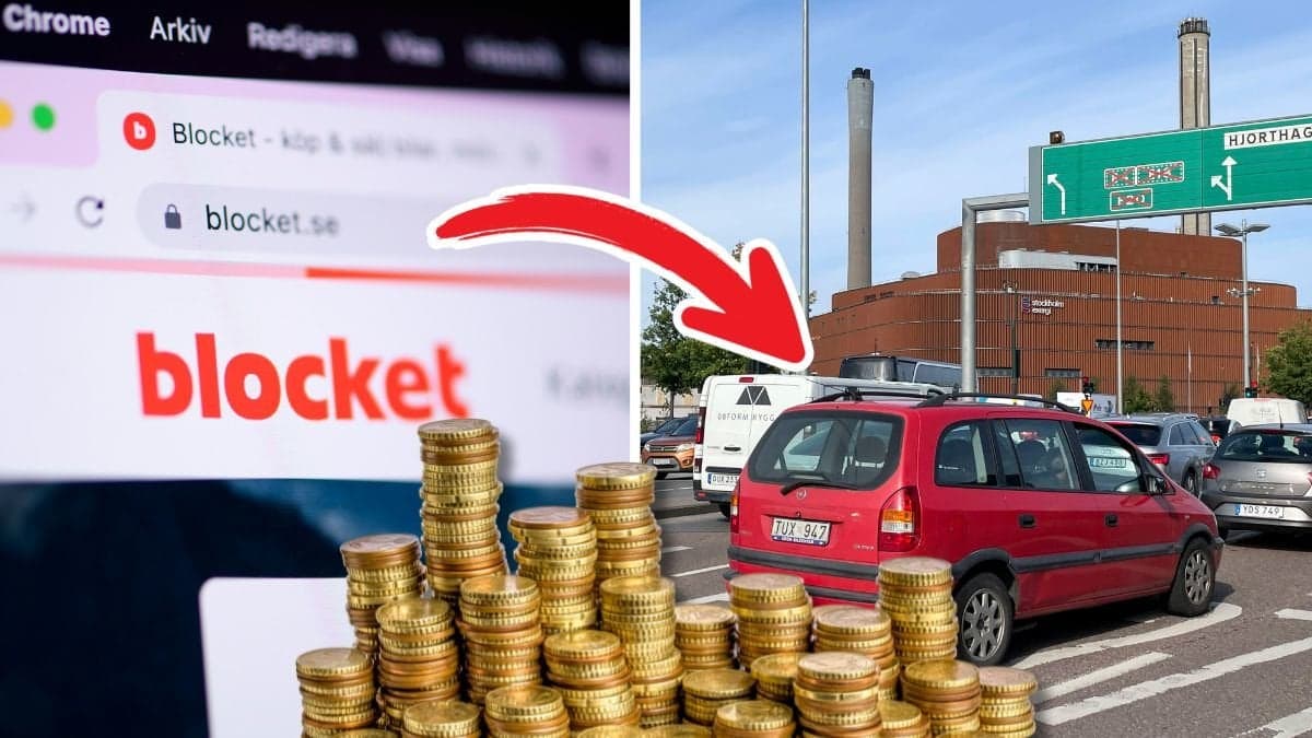 Blocket hemsida och en röd bil i trafiken.